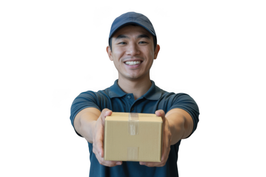 Friendly smiling asian delivery man holding a package with a cap on transparent background