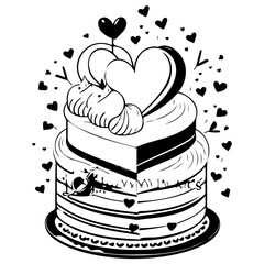 Elegant heart adorned cake illustration a sweet symbol of love in monochrome digital art perfect