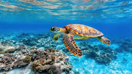Fototapeta premium Sea turtle gliding gracefully through clear turquoise waters above vibrant coral reef