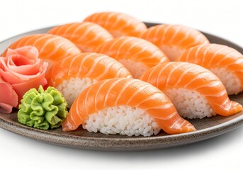 Delicious Salmon Nigiri Sushi Plate Close Up View with Wasabi and Pickled Ginger