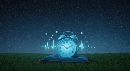 A radiant alarm clock rests on a cushion in grassy field under a starry night with heartbeat pulse