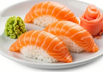 Delicious Salmon Sushi Nigiri Platter with Wasabi and Pickled Ginger