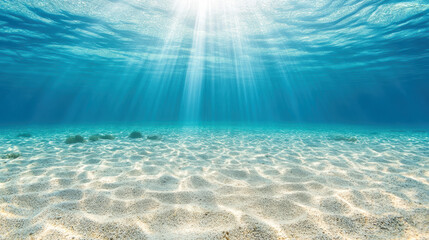 Obraz premium Underwater scene with sunlight piercing through water, illuminating sandy ocean floor