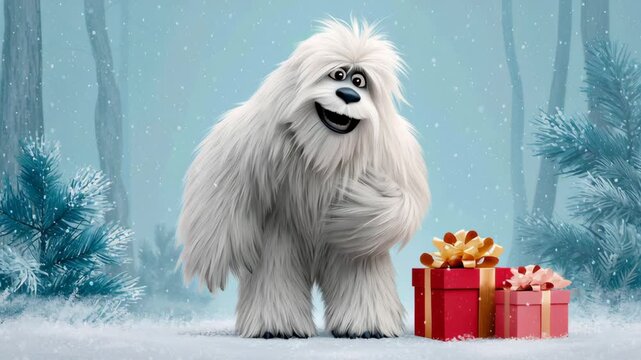 Animated yeti character joyfully interacting with colorful gift boxes in a snowy forest, showcasing a playful scene of holiday spirit and festive cheer in a whimsical winter wonderland