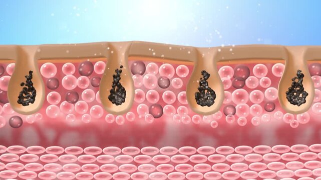 Cleans skin pores, essence particles fall, removes waste and blackheads in pores, dissolves blackheads, and tightens pores. Skin care and beauty, cosmetics advertising, 3D rendering.