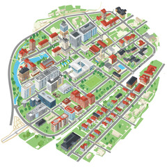 This captivating isometric illustration depicts a modern urban environment, featuring various architectural styles, roads, and lush green areas.