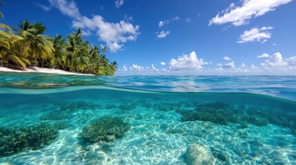 Fototapeta premium Crystal clear water reveals vibrant coral reefs beneath surface, surrounded by lush palm trees
