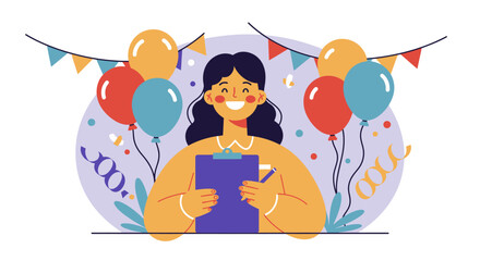 Naklejka premium Smiling Woman Holding Clipboard with Party Balloons.