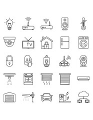 A comprehensive collection of minimalist line icons representing various smart home devices, IoT technology, and home automation systems for intelligent living