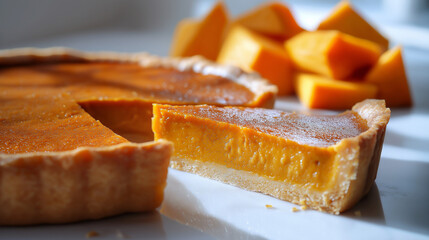 Italian pumpkin pie with spiced filling and golden crust on rustic background