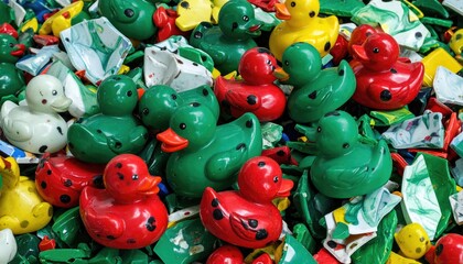 Fototapeta premium Colorful rubber ducks of various colors clustered together, with some appearing damaged, creating a playful, whimsical, and slightly chaotic scene