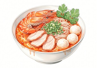 Delicious Tom Yum Noodle Soup with Shrimp Pork and Meatballs Watercolor Illustration