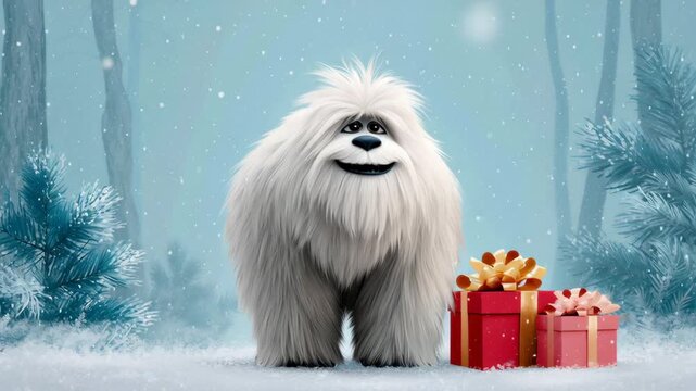 Playful yeti character with fluffy white fur stands beside colorful gift boxes in a snowy forest, joyfully preparing to pick up a present, capturing the essence of festive cheer and excitement