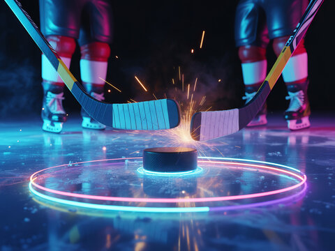 Intense hockey action two sticks clash over the puck on a neonlit ice rink sparks flying in a dynamic display of skill and competition on the ice