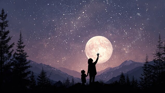 Silhouettes of a mother and child gazing at a full moon in a starry night sky over mountains