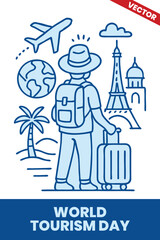 World Tourism Day: outline graphic illustration, Colorful design poster promoting responsible tourism, cultural diversity, and sustainable travel to breathtaking destinations.