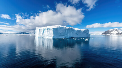 Majestic iceberg floating in calm waters under clear blue sky with fluffy clouds