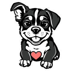 Cute cartoon black puppy dog with red heart. Animal character concept. Vector illustration for greeting card, pet shop, banner, sticker