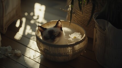Siamese cat alert on wooden floorboards, 4K image using 35mm f1.4 lens, balanced daylight and natural tones with gentle falloff