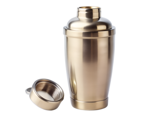 A metallic cocktail shaker with its lid removed, isolated on transparent background