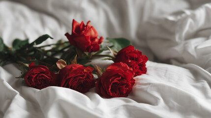 A bed with a white sheet and a bouquet of red roses on it
