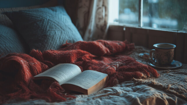 A book is open on a bed with a red blanket - Powered by Adobe