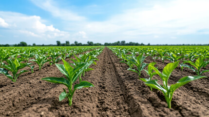 Lush green crops grow neat rows bright blue sky, showcasing sustainable farming practices