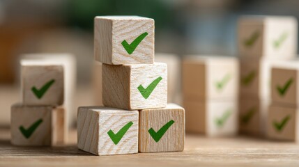 Stacked wooden blocks with green check marks indoor setting conceptual image focused viewpoint for clarity