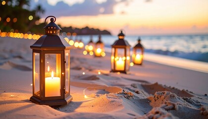Illuminated lanterns line a sandy beach at sunset. Warm light bathes the scene, highlighting gentle waves and creating a romantic, peaceful ambiance