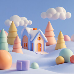 3D Cartoon Style Christmas and New Year Minimalist Illustration