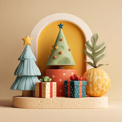 3D Cartoon Style Christmas and New Year Minimalist Illustration