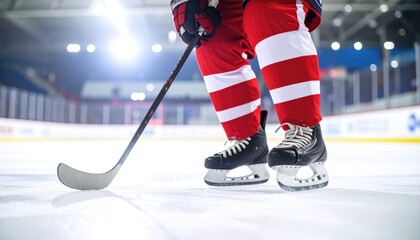 Obraz premium Ice hockey player poised on a bright rink, wearing red and white striped pants, stick in hand, ready for action under the arena lights