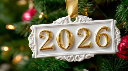 Decorative Christmas ornament featuring the year 2026 in elegant gold lettering, suspended from a lush evergreen tree adorned with vibrant red baubles and soft glowing lights, capturing festive spirit - Powered by Adobe