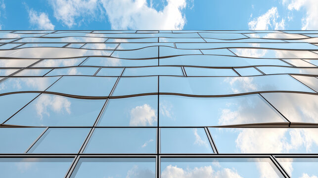 Wavy glass facade reflecting clouds and sky - Powered by Adobe