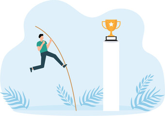 Business people join hands to build ladder to climb to receive trophies for business success concept,

