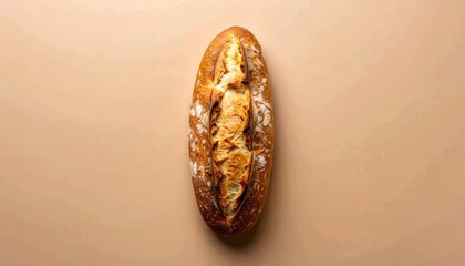 An overhead shot of a golden-brown, elongated loaf of bread with a visible crusty texture, placed on a solid, light beige background