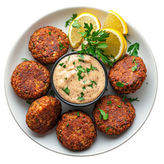 Delicious falafel served with creamy tahini sauce fresh lemon wedges and parsley garnish on a white plate perfect for a healthy mediterranean meal on transparent background