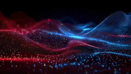 Abstract digital landscape of swirling, glowing particles in red and blue