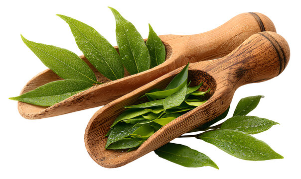 Bamboo scoop set with fres leaves isolated on transprent background, herbal leves placed inside wooden soop, natural bamboo scoop solated composition for oranic set concept