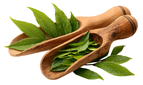 Bamboo scoop set with fres leaves isolated on transprent background, herbal leves placed inside wooden soop, natural bamboo scoop solated composition for oranic set concept