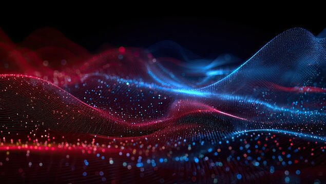 Abstract digital landscape of swirling, glowing particles in red and blue