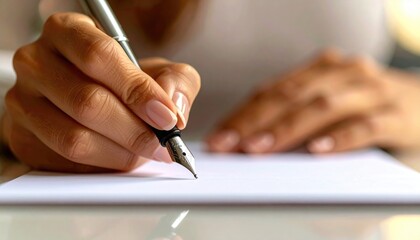 A person writing on white paper with a fountain pen, detail focus on the pen tip and hands. The blurred background creates a soft, professional atmosphere