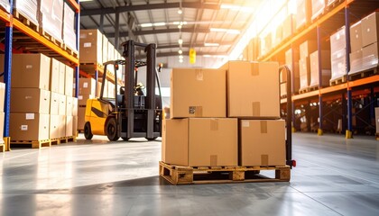Warehouse interior featuring cardboard boxes on a wooden pallet, a forklift in the background and shelves stacked with boxes, bathed in golden sunlight