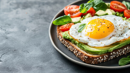 Creamy avocado toast topped with sunny side up egg, fresh tomatoes, and greens