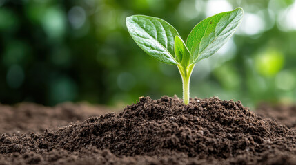 Close up of green sprout emerging from rich, dark soil, symbolizing growth and renewal