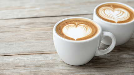 Fototapeta premium Close up of two coffee cups with heart shaped latte art wooden table, evoking warmth and comfort