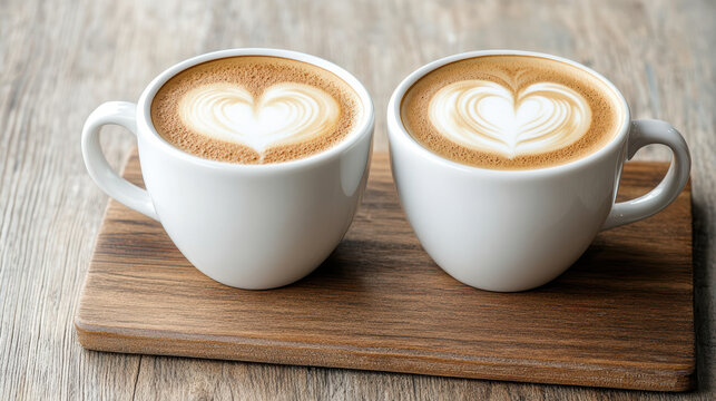 Close up of two coffee cups with heart shaped latte art on wooden board, evoking warmth and love