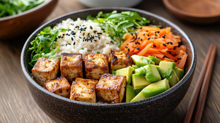 Fototapeta premium Delicious vegan poke bowl featuring tofu, avocado, rice, and fresh vegetables