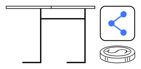 Desk with digital share icon and coin emphasizing connectivity, exchange, technology, finance, and collaboration. Ideal for tech solutions, productivity, financial tools, social media teamwork