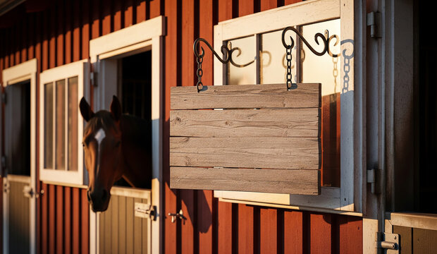 A blank, rustic wooden sign hangs by an ornate iron bracket on the side of a traditional red house, perfect for a custom name or logo. - Powered by Adobe